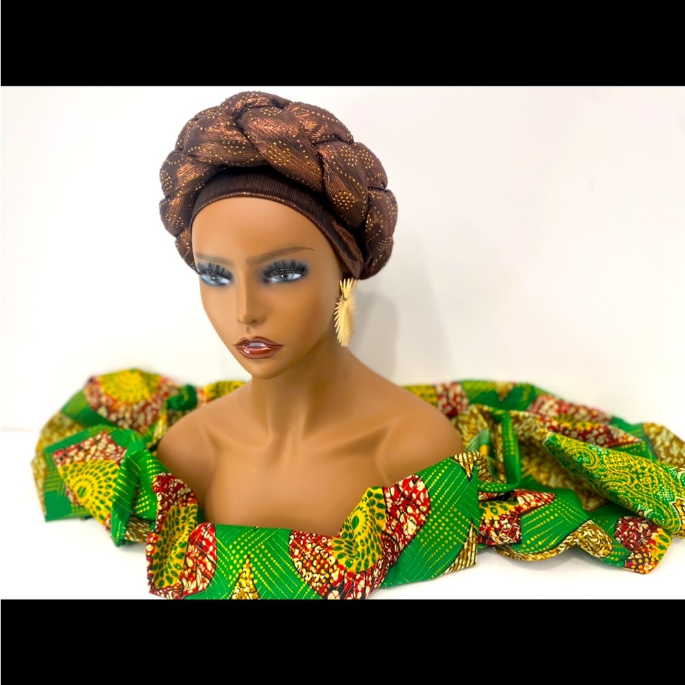 Dark Chocolate braided headdress wrap with gold-tone statement earrings!
